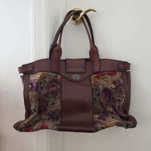 Fossil vintage brown leather with fabric womens bag